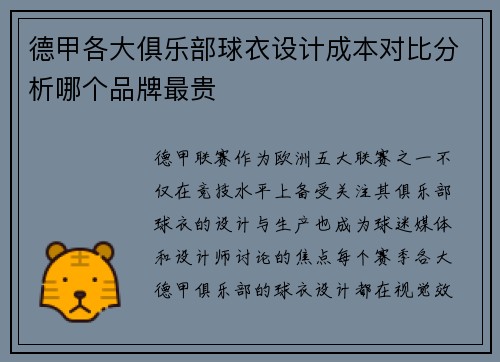 德甲各大俱乐部球衣设计成本对比分析哪个品牌最贵