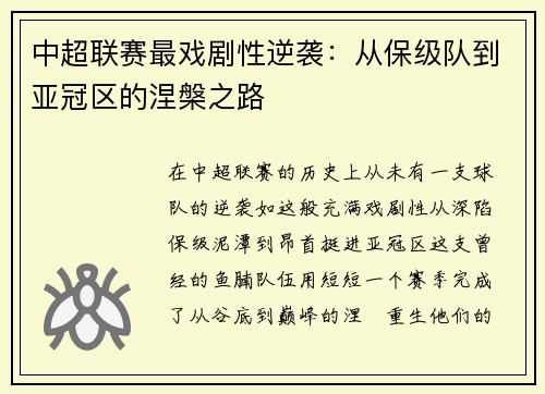 中超联赛最戏剧性逆袭：从保级队到亚冠区的涅槃之路